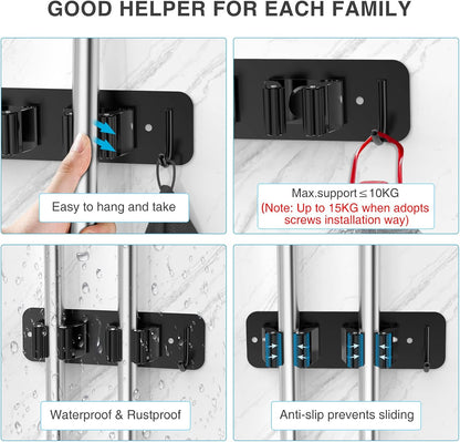 homeasy Wall Mount Mop and Broom Holder, Heavy Duty Stainless Steel Organizer Rack with Hooks | 2-Pack, 2-in-1 No Drill & Screw Installation, Silver