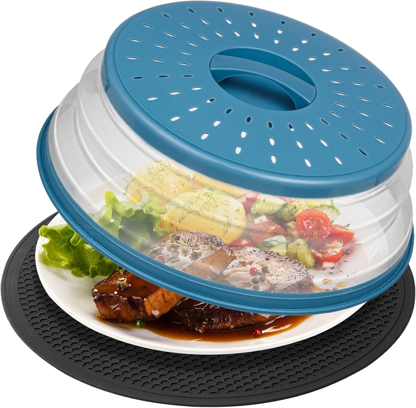 Large Microwave Splatter Cover & Silicone Mat,12 Inchs Vented Collapsible Guard dish Plate lid & Round Kitchen mat for food