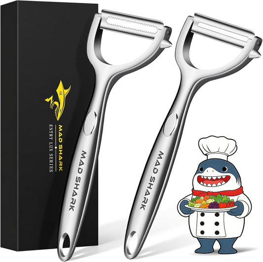 MAD SHARK Y & I Vegetable Peeler 2 Pack, Stainless Steel Serrated Blade Set | Ultra Sharp Vegetable Peelers for Kitchen,Non-slip Ergonomic Grip for Potatoes, Apples,Carrots,Fruits,Veggies