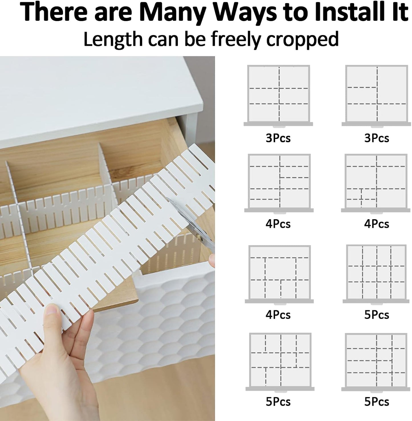 14.5 in White Adjustable Drawer Dividers, TWUTGAYW 8PC DIY Grid Drawer Organizer Dividers, Plastic Organizer Separator for Socks Underwear Makeup Cosmetic Clothes Can Help Tidy Kitchen Bedroom Dresser