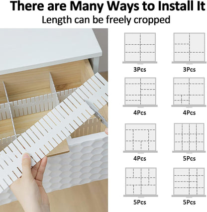 14.5 in White Adjustable Drawer Dividers, TWUTGAYW 8PC DIY Grid Drawer Organizer Dividers, Plastic Organizer Separator for Socks Underwear Makeup Cosmetic Clothes Can Help Tidy Kitchen Bedroom Dresser