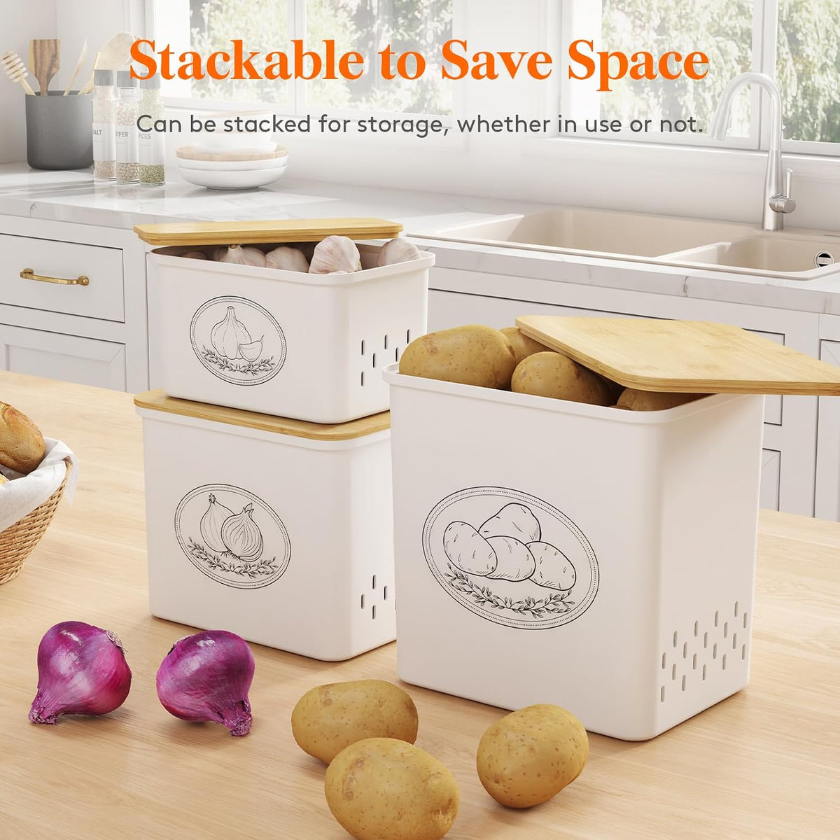 Lifewit Plastic Potato and Onion Storage Bin Box, Set of 3, White