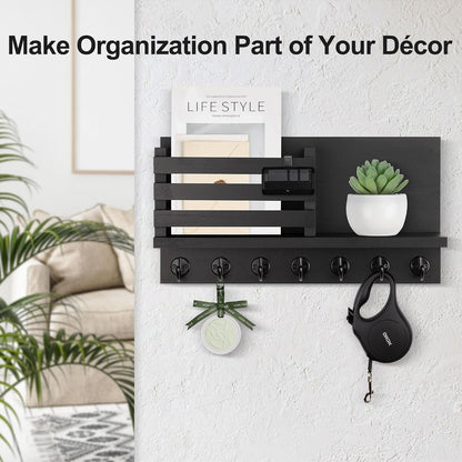 Lwenki Key Holder for Wall – Decorative Wooden Mail Holder and Key Shelf with Mounting Hardware, Installation Guide – Paulownia Wood with Metal Key Hooks (Black, Large - 11.8inch)