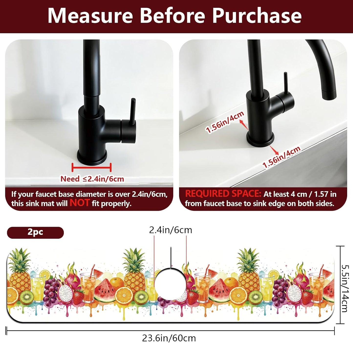 2Pcs Peonies Kitchen Sink Splash Guard Faucet Mat Vintage Florals Faucet Mat For Bathroom Kitchen 5.5x23.6In