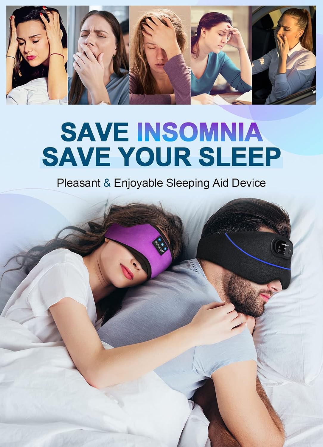 TOPOINT Sleep Mask Headphones Bluetooth Wireless 5.4, Breathable Cotton Eye Mask for Sleeping Side Sleepers Travel Music Headsets with Microphone Handsfree Men Women