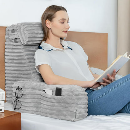 ENITYA 22" XL Back Pillow for Bed Sitting Up with Armrests & Big Pockets | Reading Pillow for Bed, Soft Back Support Chair, Ideal for Watching TV, Gaming, Nursing, Resting, Post Surgery, Dark Grey