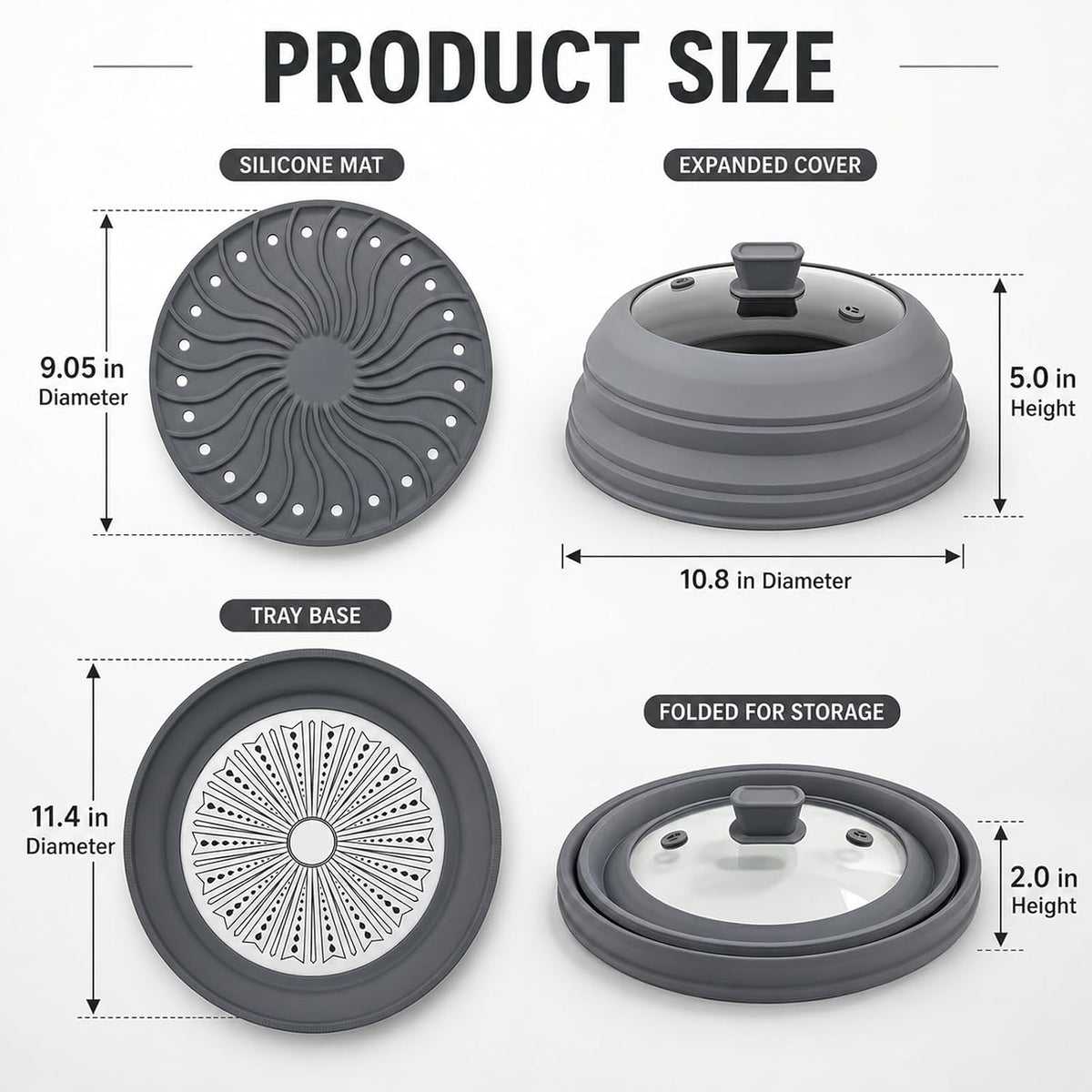 Microwave Splatter Cover for Food, 3-in-1 Glass & Silicone Microwave Cover with Anti-Scald Base Plate and Silicone Mat,Collapsible Vented Guard Lid, BPA-Free, Dishwasher Safe, 11 Inch (Large-Gray)