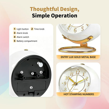Analog Alarm Clock, Retro Small Desk Clock with Night Light, Backlight Cute Simple Design, Silent Non-Ticking, Battery Powered, Clock for Bedroom,Travel,Kitchen,Bedside Desktop Decor