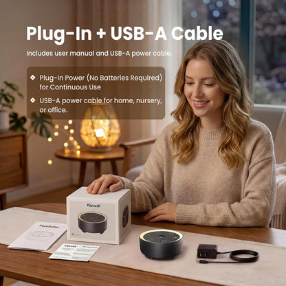 Kipcush White Noise Machine for Sleeping, Baby & Adults, High-Fidelity Non-Looping Sounds, Sleep Sound Machine with Dimmable Night Light, USB Powered, Memory Function, Home, Nursery & Travel