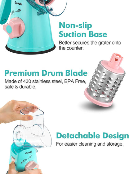 Geedel Rotary Cheese Grater, Kitchen Mandoline Vegetable Slicer with 3 Interchangeable Blades, Easy to Clean Rotary Grater Slicer for Fruit, Vegetables, Nuts | 3 Blades, 430 Stainless Steel, 12x Fast Cutting, Strong Suction Base, No BPA, Dishwasher Safe,