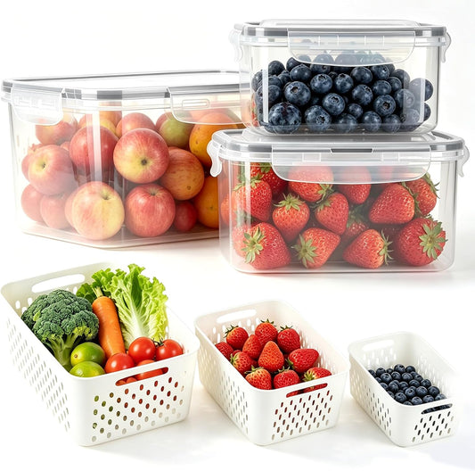 LoveBB 3 Pack Fruit Storage Containers for Fridge, Food Storage Containers with Removable Colander with Lid, Keep Fruits, Vegetables, Berry, Meat Fresh