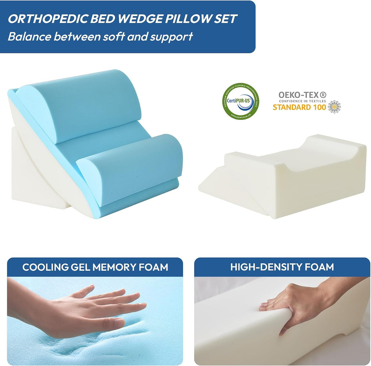 Ahpmeoa 6PCS Wedge Pillow Set for After Surgery, Back Pillow for Bed Sitting Up, Orthopedic Bed Wedge for Body, Leg Pain Relief, Memory Foam Pillow for Post Surgery, Sleeping, Acid Reflux, Plush Grey