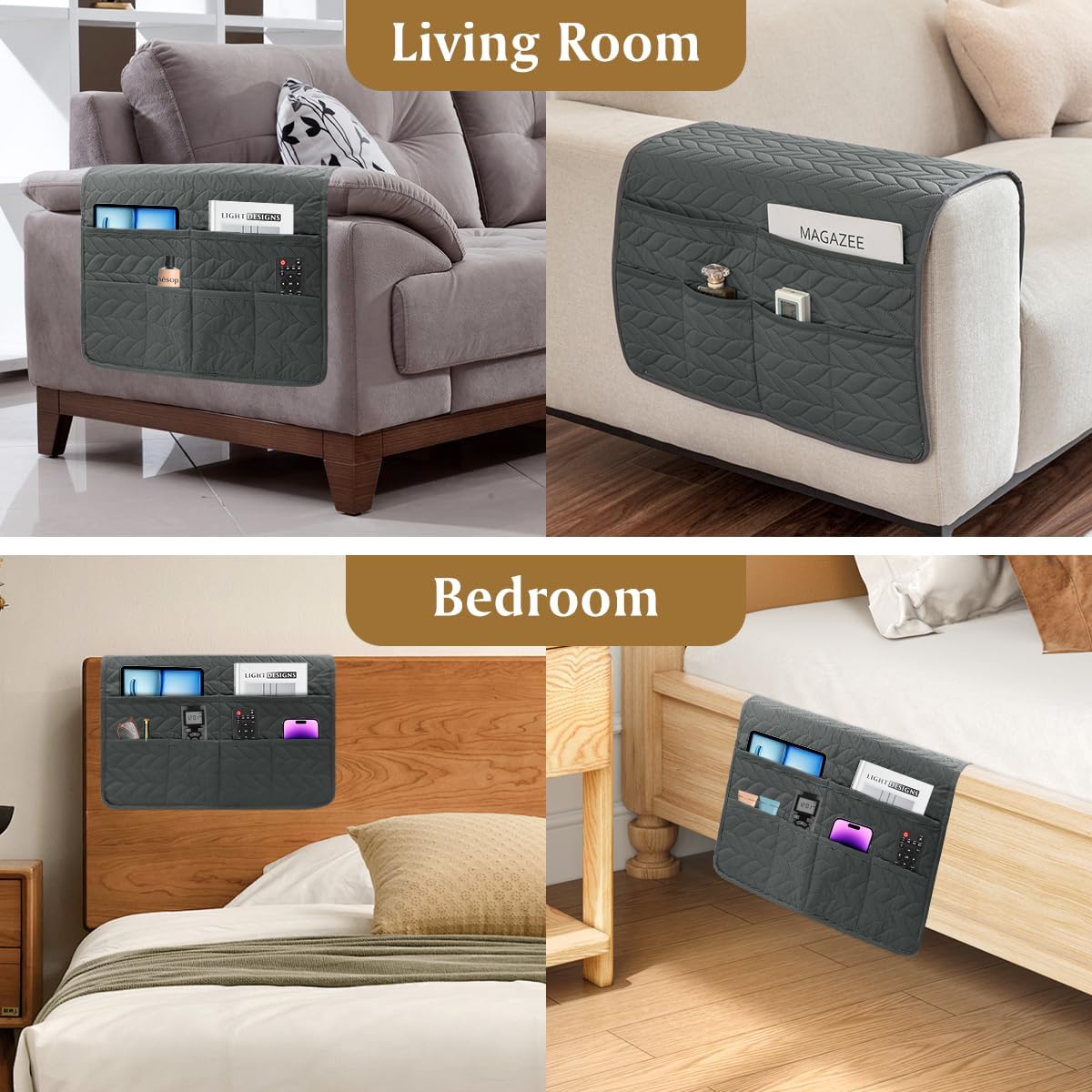 Remote Control Holder for Recliner, Sofa Armrest Organizer with Non-Slip Base, Tv Remote Holder Couch Caddy Armchair Caddy Bedside Organizer with 6 Pockets for Magazine, Tablet, Phone (Beige)