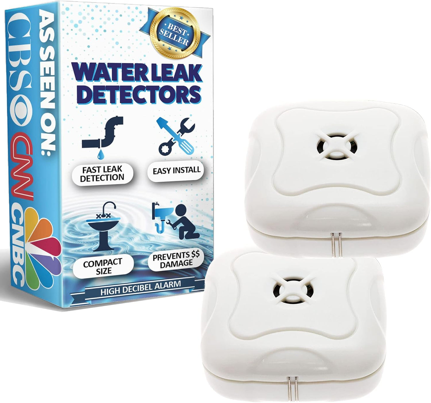 2 Pack Water Leak Detector - 95 dB Flood Detection Alarm Sensor for Bathrooms, Basements, Laundry Rooms, Garages, Attics and Kitchens by Mindful Design (White, 2 Pack)