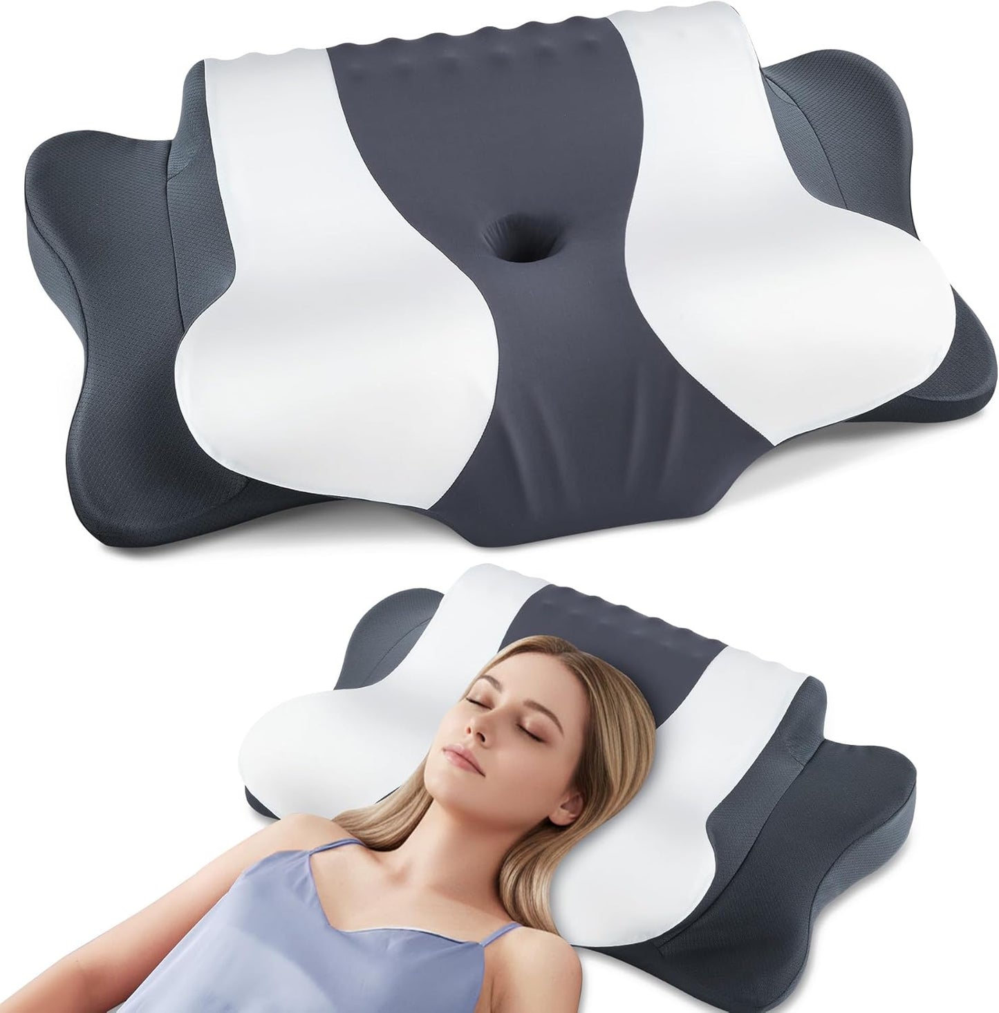DONAMA Contour Cervical Neck Pillow for Neck Pain Relief | Queen,Ergonomic Dual-Height,Odorless Memory Foam,Side/Back/Stomach Sleepers,Cooling Hypoallergenic Cover,OEKO-TEX Certified