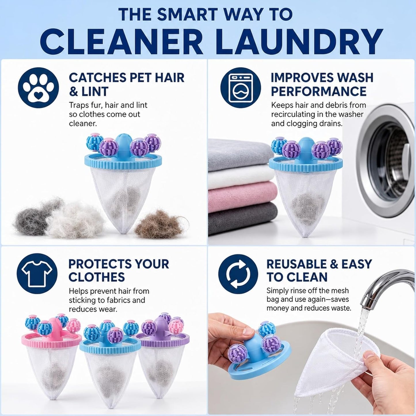 3PCS Washing Machine Hair Filter Mesh Bags, Reusable Laundry Lint Catcher, Effective Pet Hair Removal for Washing Machines, Blue Pink Purple