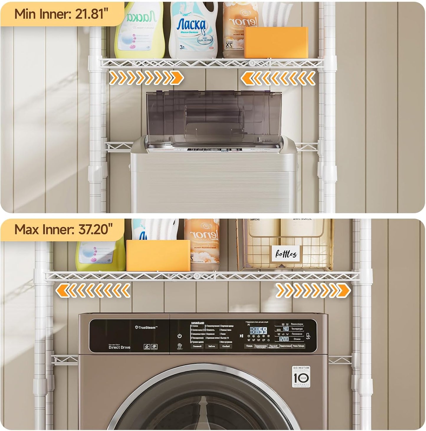 3 Tiers Expandable Over Washer and Dryer Shelves, White | Laundry Room Organization and Storage with Hanger Rod, 4 Hooks, Adjustable Height Metal Freestanding Clothes Drying Rack