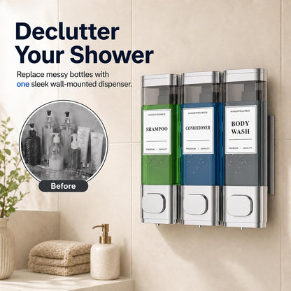Shampoo and Conditioner Dispenser – Wall-Mounted Shower Soap Dispenser, No-Drill Installation, Lockable, 900 ml Capacity,for Bathroom & Hotel or Airbnb (Black, 3-Pack)