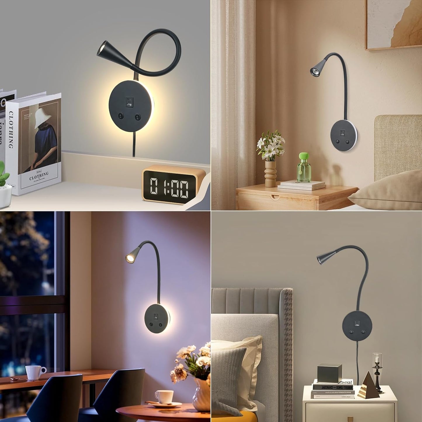 Book Lights for Reading at Night, LED Wall Mounted Reading Light, Flexible Gooseneck Wall Lamps for Bedroom, Plug in Wall Lights with USB Charging, Bedside Wall Sconces Focused Bed Lamp (Black)