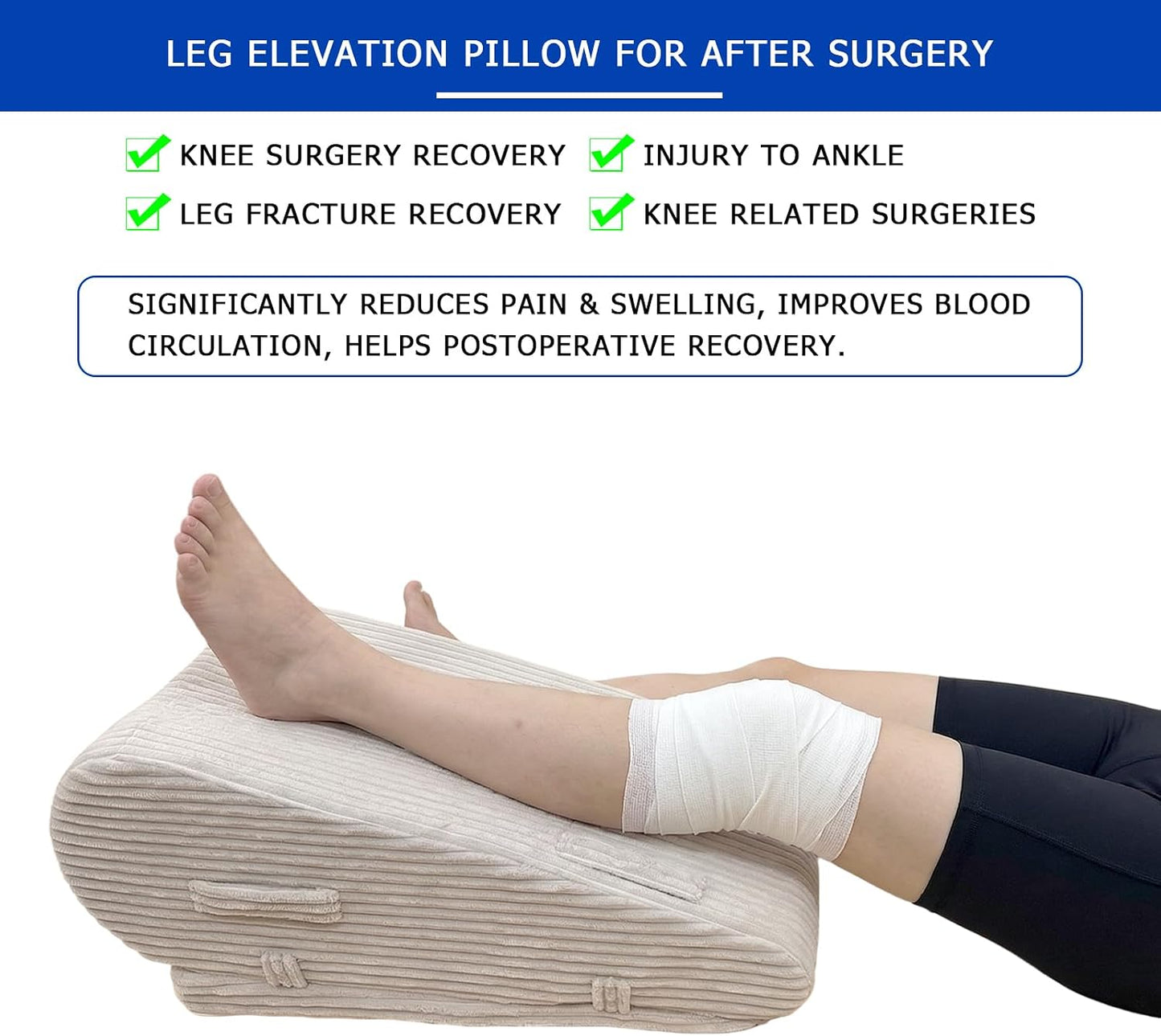Adjustable Height Leg Elevation Pillow for After Surgery | Leg Wedge Pillow with High-density Foam & Beige Corduroy Cover, Single Knee Elevation Pillow for Swelling Relief & Sleep