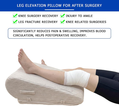 Adjustable Height Leg Elevation Pillow for After Surgery | Leg Wedge Pillow with High-density Foam & Beige Corduroy Cover, Single Knee Elevation Pillow for Swelling Relief & Sleep