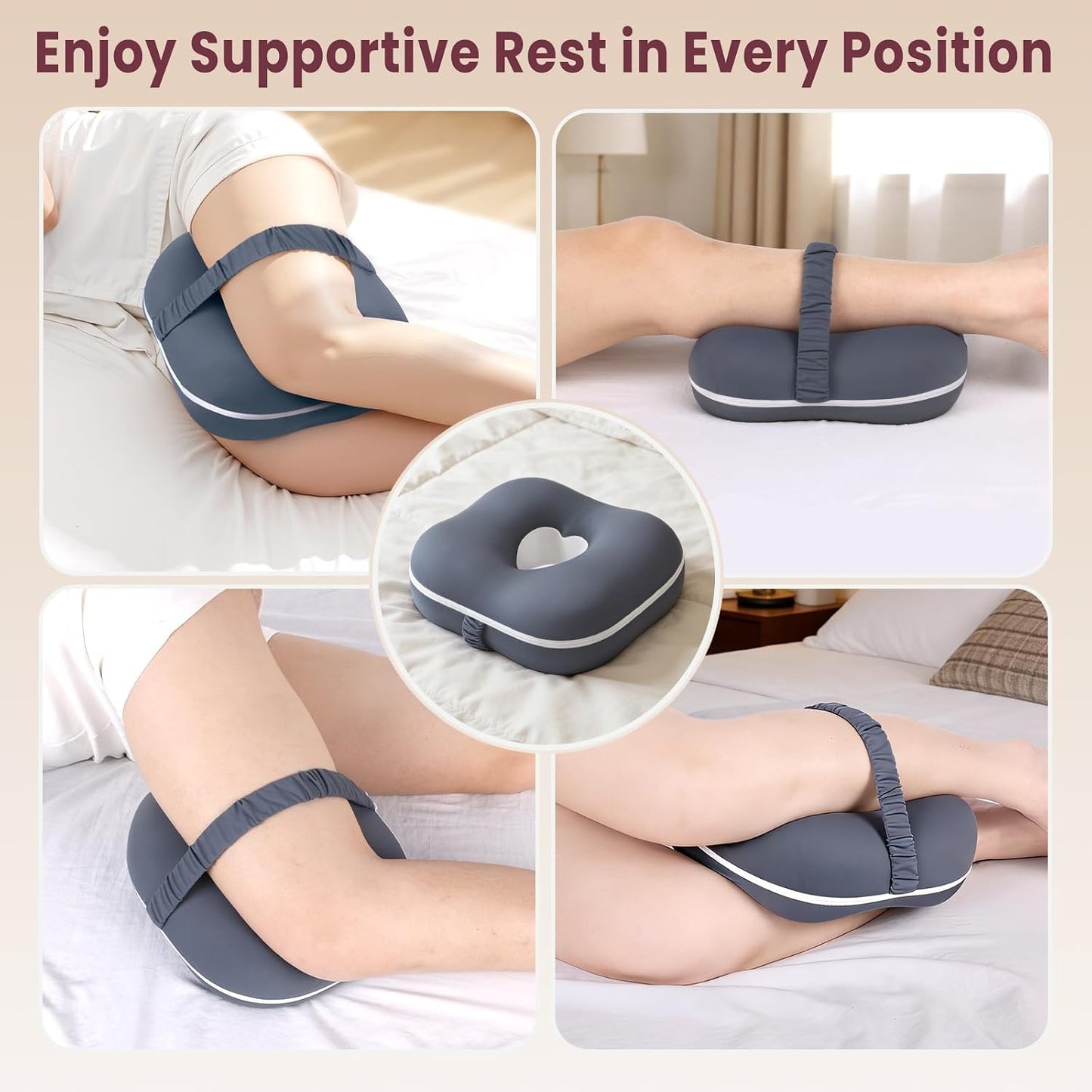 Memory Foam Knee Pillow for Side Sleepers, Supportive Leg Pillow with Heart Cutout Design and Adjustable Strap, Contoured Between Knees Pillow for Side Sleeping, Alignment Support, Gray