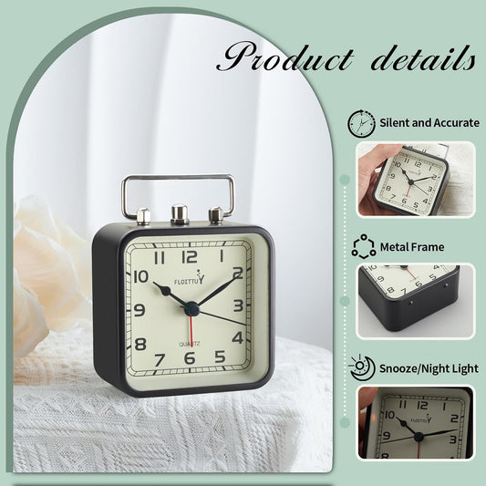 FLOITTUY Square Metal Beep Alarm Clock Silent No Ticking, Snooze and Battery Operated, Night Light and Desk Clock for Bedroom/Travel/Kids, Easy Set(Green)