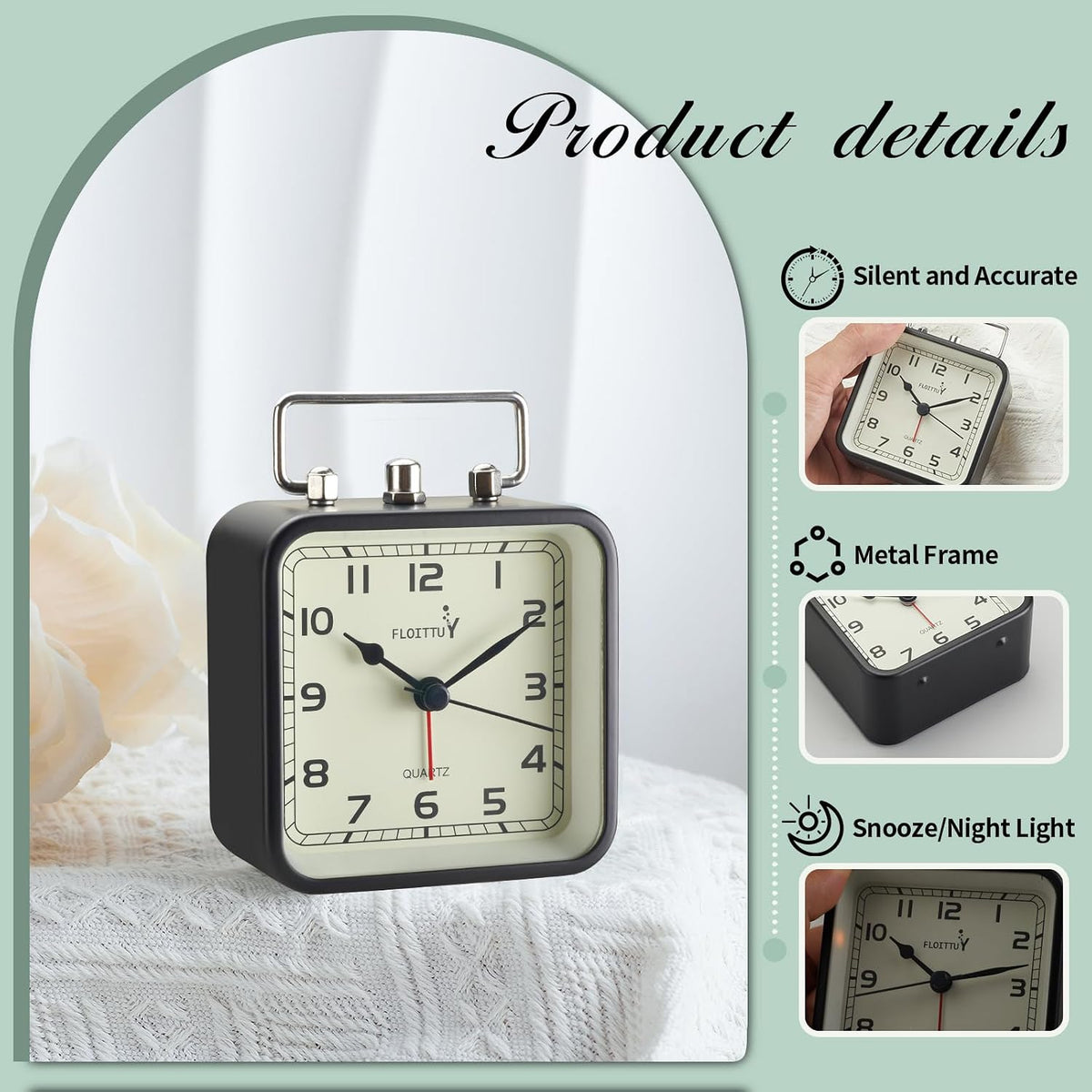 FLOITTUY Square Metal Beep Alarm Clock Silent No Ticking, Snooze and Battery Operated, Night Light and Desk Clock for Bedroom/Travel/Kids, Easy Set(Green)
