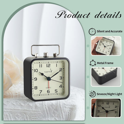 FLOITTUY Square Metal Beep Alarm Clock Silent No Ticking, Snooze and Battery Operated, Night Light and Desk Clock for Bedroom/Travel/Kids, Easy Set(Green)