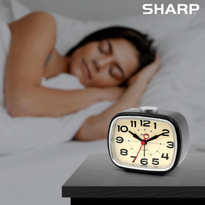 Sharp Small Retro Analog Alarm Clock, Silent Non-Ticking, Battery Powered | 4.3-inch compact size, top snooze control, beep wake sound, easy-read dial, bedside, desk, travel, bedroom, nightstand, shelf