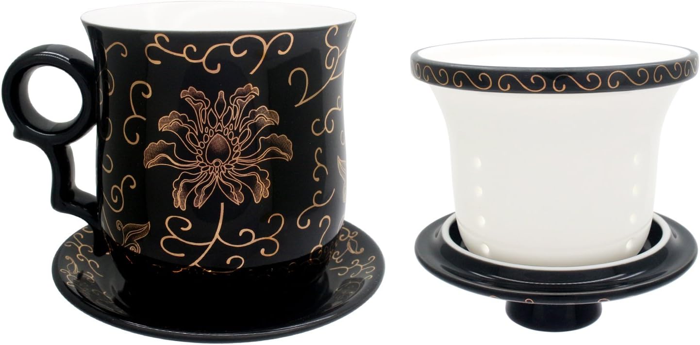 Porcelain Tea Cup with Infuser Lid and Saucer Sets - Chinese Jingdezhen Ceramics Coffee Mug Teacup Loose Leaf Tea Brewing System for Home Office