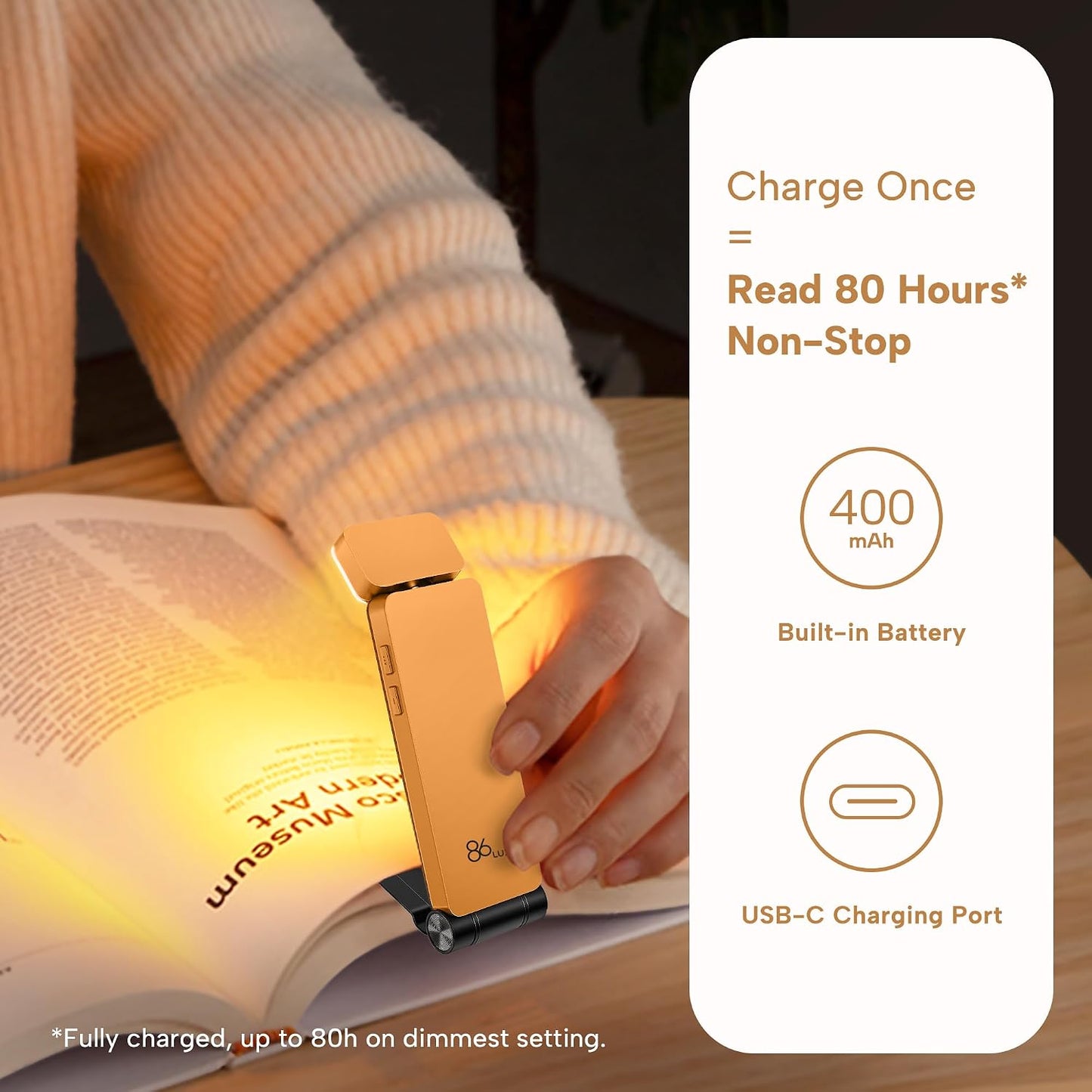 86lux Book Light, Rechargeable Reading Lights for Books in Bed | Ultralight Clip-on LED Bookmark Lamp with 3 Amber Colors & Stepless Dimming for Night Reading for Book Lovers, Ashen