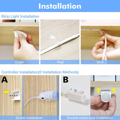 WOBANE 16.4ft Motion Sensor LED Strip with Remote,Warm White Tape Lighting | Dimmable LED Strip Lights for Kitchen, Under Cabinet, Bedroom, Shelf, Bed, PIR Function,Night Light,Adapter,3000K Warm White