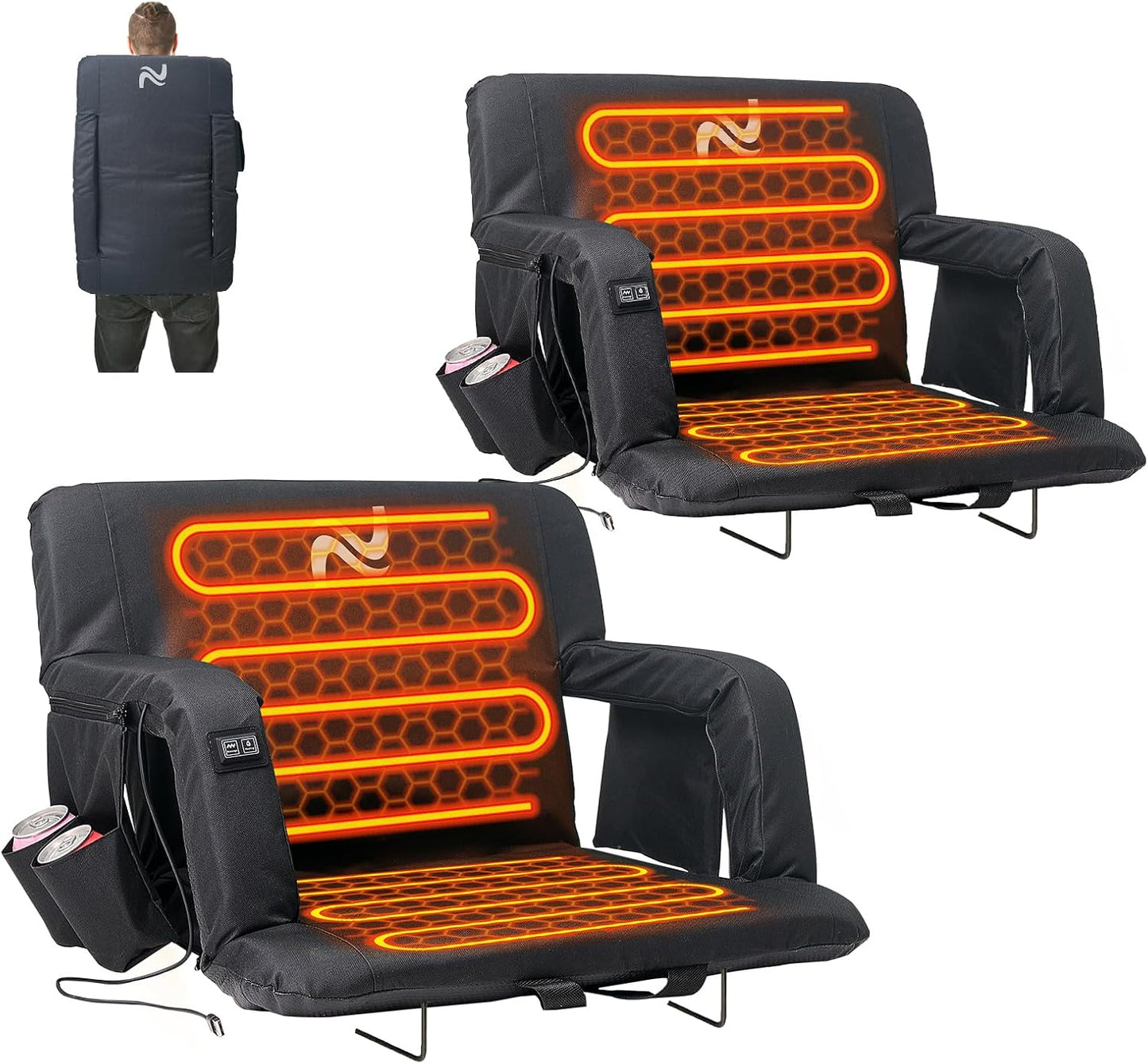 25in 5.12" Extra Thick&Wide Heated Stadium Seat for Bleachers | Sofa Style Design Thick Bleacher Chair With Back and Comfy Cushion, 6 Reclining Positions, 3 Heat Levels (NO Battery)
