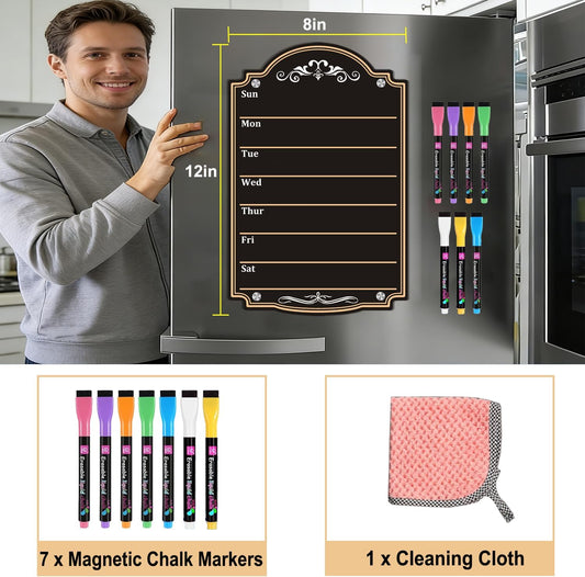 Acrylic Magnetic Dry Erase Board Calendar for Fridge 12" x 8" Black Weekly Planner Whiteboard for Refrigerator Magnet Planning Calendars to Do List Family House Kitchen Decor with 7 Colors Markers