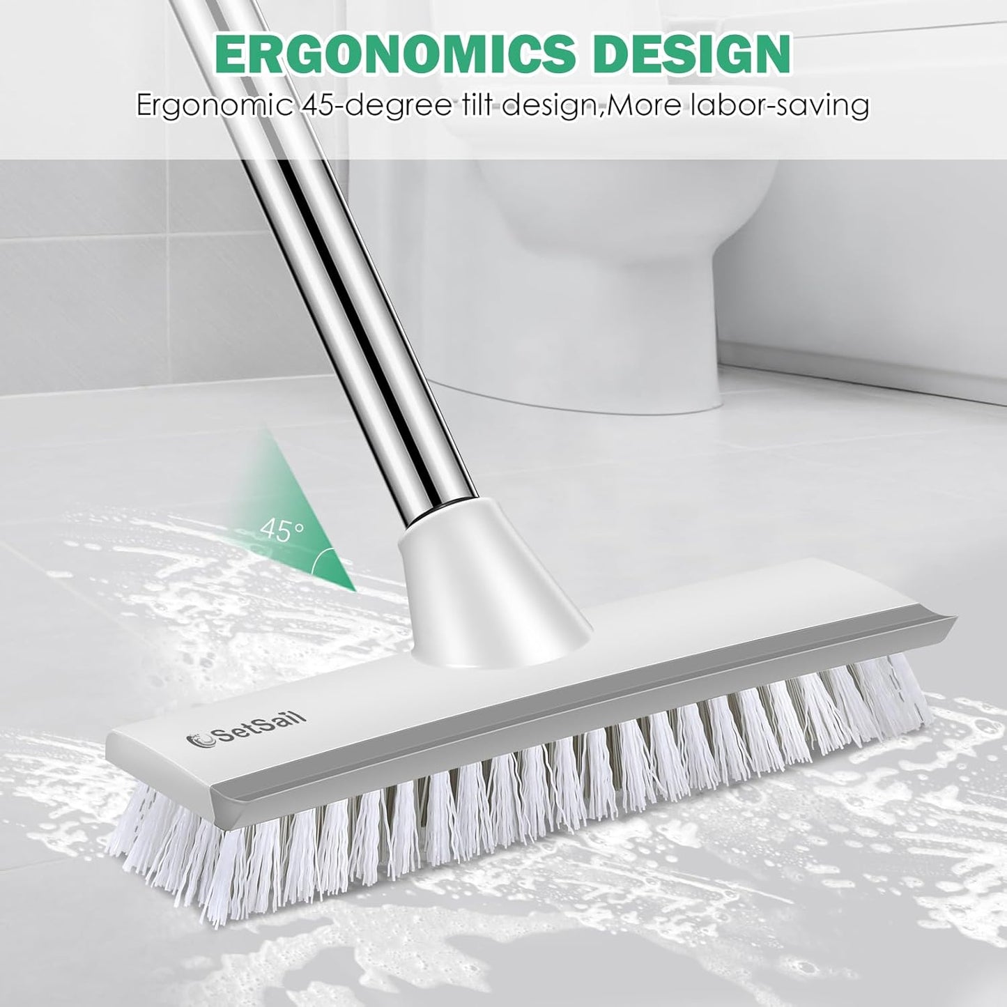 SetSail Floor Scrub Brush with 51-Inch Long Adjustable Handle 2 in 1 Scrape Brush Stiff Bristle Floor Scrubber for Cleaning Shower Bathroom Garage Kitchen Wall Deck Tub Tile | 2 in 1 Scrape Brush Stiff Bristle Floor Scrubber for Cleaning Shower Bathroom