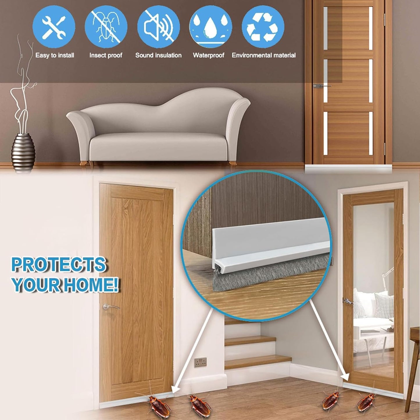 39-inch Door Draft Stopper with Brush - Adhesive Weather Stripping Seal for Exterior/Interior Doors | Under Door Sweep Blocks Drafts, Noise & Dust | Fits 1/4"-1" Gaps(White)