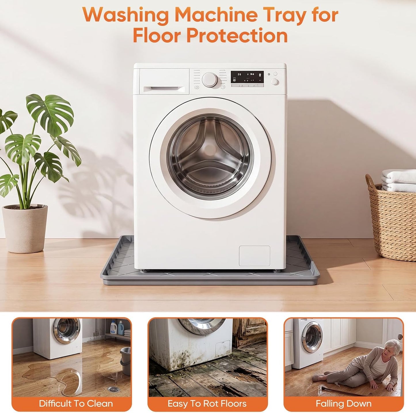 Washing Machine Drain Pan Silicone Mat,Large 32"X 30"with 1" Raised Edges | Non-Slip Waterproof Washer Drain Pan,Washing Machine Tray for Floor Protection,Multi-Purpose Leakproof Washer Drip Pan (Grey)