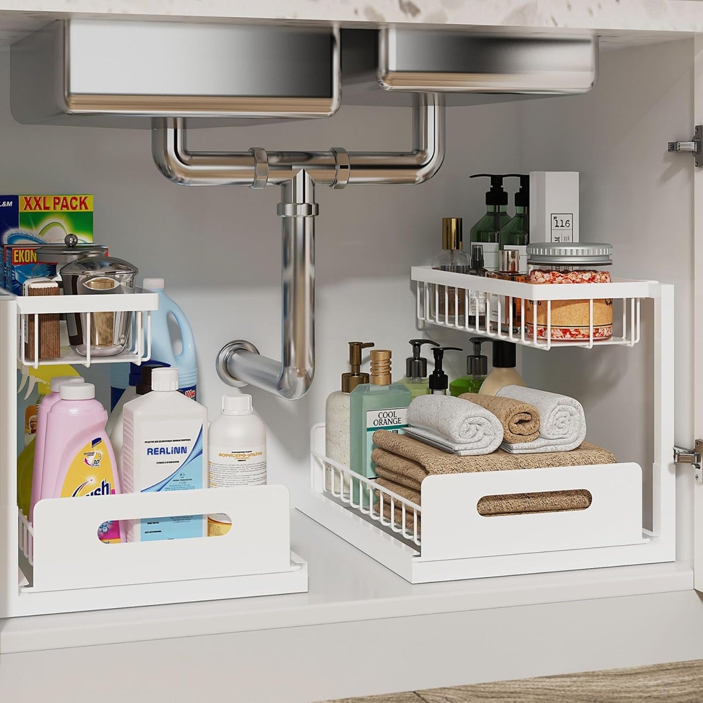 Under Sink Organizer, L-Shaped 2 Tier Pull Out Cabinet Organizer | Slide Out Sink Shelf Cabinet Storage Shelves, Under Sink Storage for Kitchen Bathroom Cabinet, White, 1 Pack
