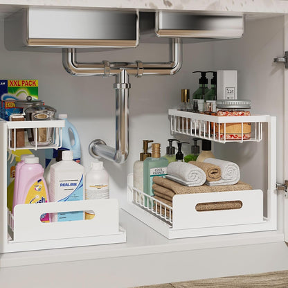 Under Sink Organizer, L-Shaped 2 Tier Pull Out Cabinet Organizer | Slide Out Sink Shelf Cabinet Storage Shelves, Under Sink Storage for Kitchen Bathroom Cabinet, White, 1 Pack