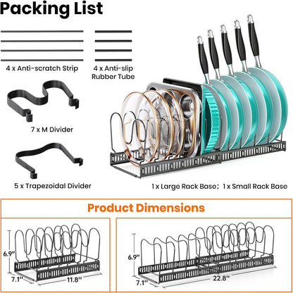 MUDEELA Expandable Pot Pan Lid Organizers inside Cabinet, 10 Divider-Black | Expandable 11.8–22.9", 10 Adjustable Divider, Tool-Free Assembly, Non-Slip, Scratch-Proof, For Pan Lid Cutting Board Bakeware