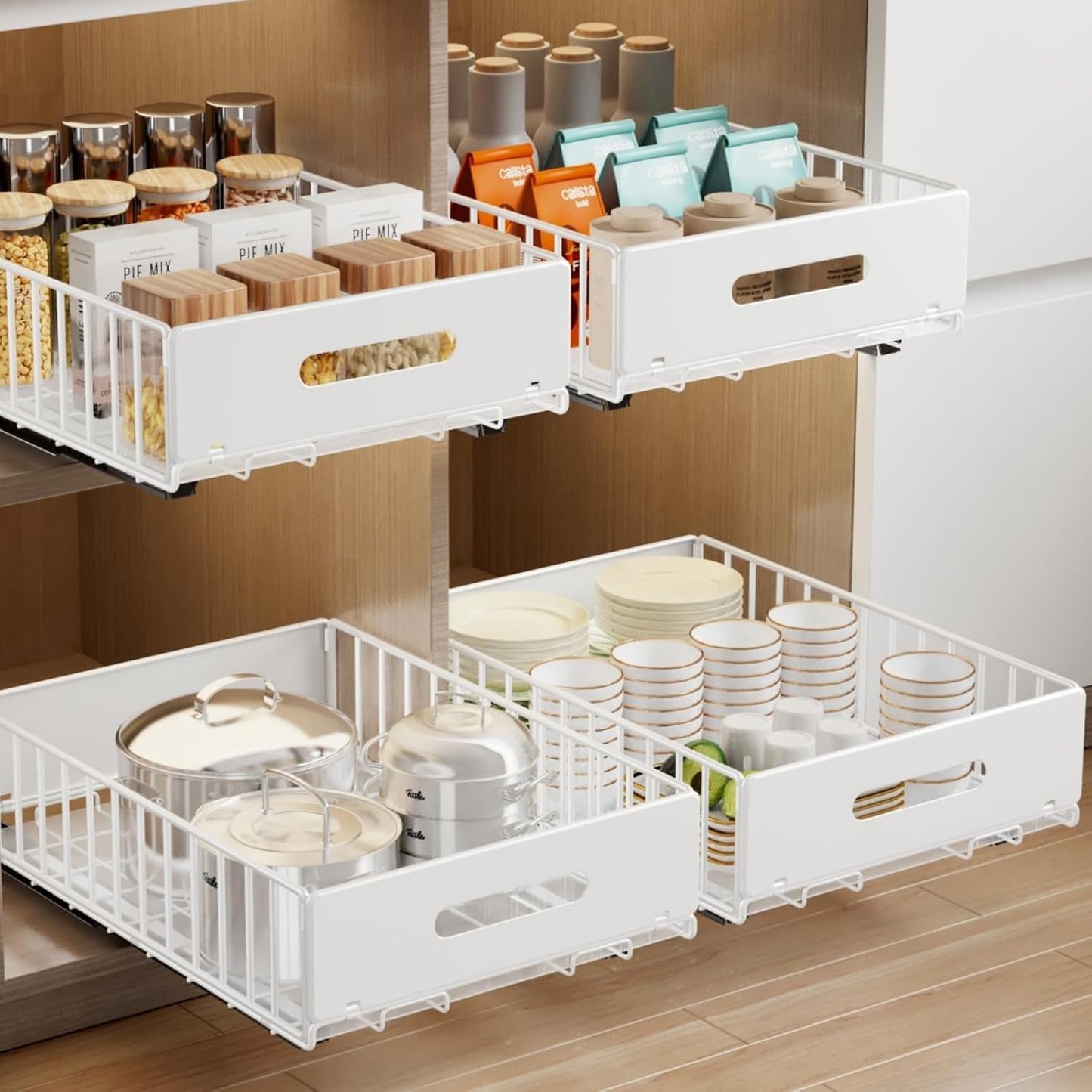 Mustorn 2 Pack Pull Out Cabinet Organizer, Slide Out Drawers for Cabinets, Peel and Stick, Heavy Duty Shelves for Kitchen, Cupboard, Pantry, Bathroom (16.5"D*11.8"W*3.94"H-Black)