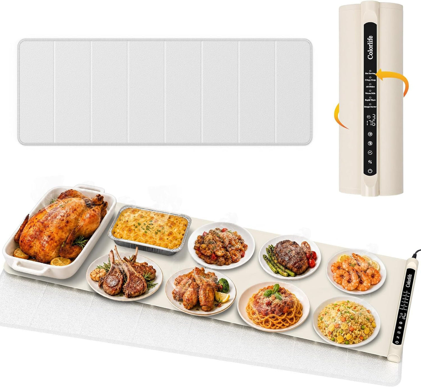 Warming Mat for Food, Electric Warming Tray with Heat-Resistant Pad-L Grey | Colorlife 6 Preset Modes, 7 Temps, 6H Timer, Child Lock, Auto-Memory, Rollable Silicone Food Warmer for Buffet, Parties