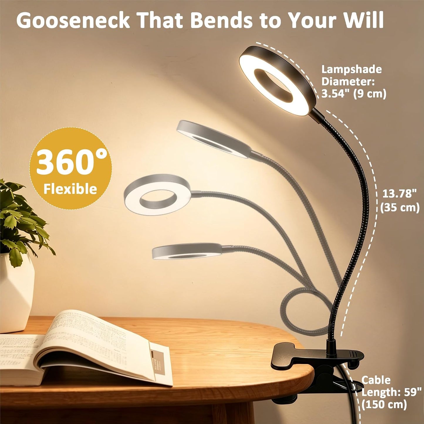 Akynite Desk Lamp Clip on Light, 48 LED Clamp Lamp, 5 Color 10 Brightness | USB Powered with Adapter, 360° Flexible Gooseneck, Eye Protection, Reading Book Lights Clamp on for Bed Home Office Study