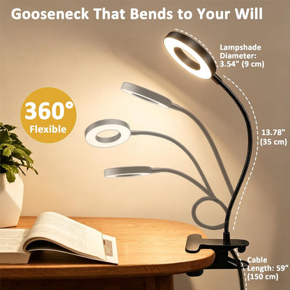 Akynite Desk Lamp Clip on Light, 48 LED Clamp Lamp, 5 Color 10 Brightness | USB Powered with Adapter, 360° Flexible Gooseneck, Eye Protection, Reading Book Lights Clamp on for Bed Home Office Study