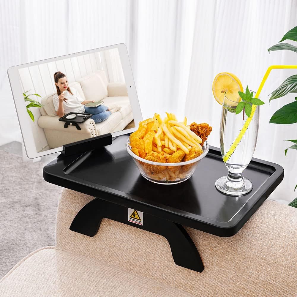 Couch Arm Tray,Bamboo Sofa Clip on Side Table,Foldable Couch Armrest Table with 360°Rotating Phone Holder,Anti Slip Food Trays for Eating/Drinks/Snacks/Remotes 15.35" x 9.85"