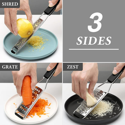 Cambom Lemon Zester Grater Three-piece Suit - Heavy Duty Kitchen Tool for Parmesan Cheese, Ginger, Garlic, Nutmeg, Chocolate, Vegetables，Fruits，Stainless Steel Grater Dishwasher Safe Black | 304 Stainless Steel, Sharp Tool for Parmesan Cheese, Ginger,