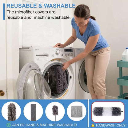 Retractable Gap Dust Cleaner with 3 Reusable Microfiber Dusting Cloths, Under Appliance/Refrigerator/Furniture Cleaning Tool with 100” Extension Pole, Washable Flat Gap Cleaning Duster by OOSOFITT