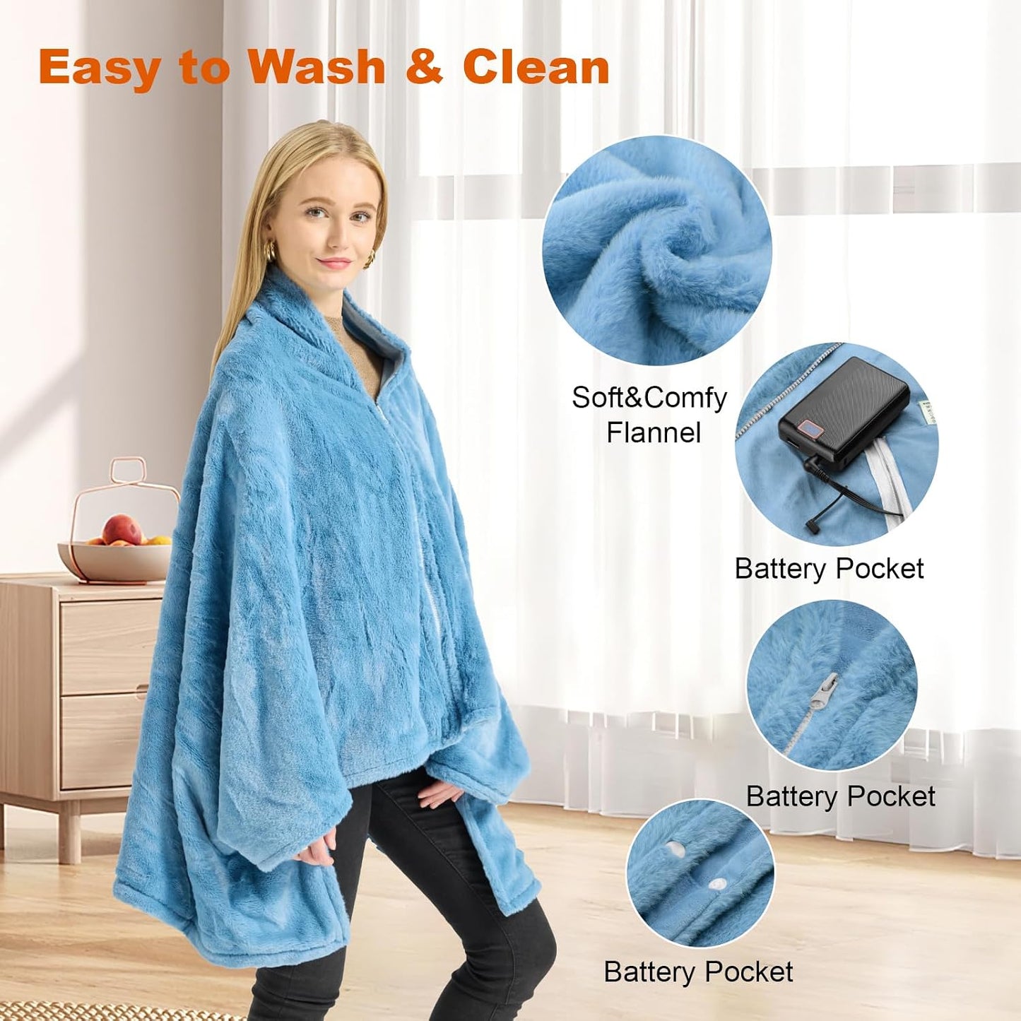 Heated Throw Blanket, Graphene Electric Heated Shawl, 20000mAh 7.4V Battery Operated, Fast Heating with 3 Temperature Levels Portable Heated Blanket, Wearable Cordless Heated Wrap (Khaki)