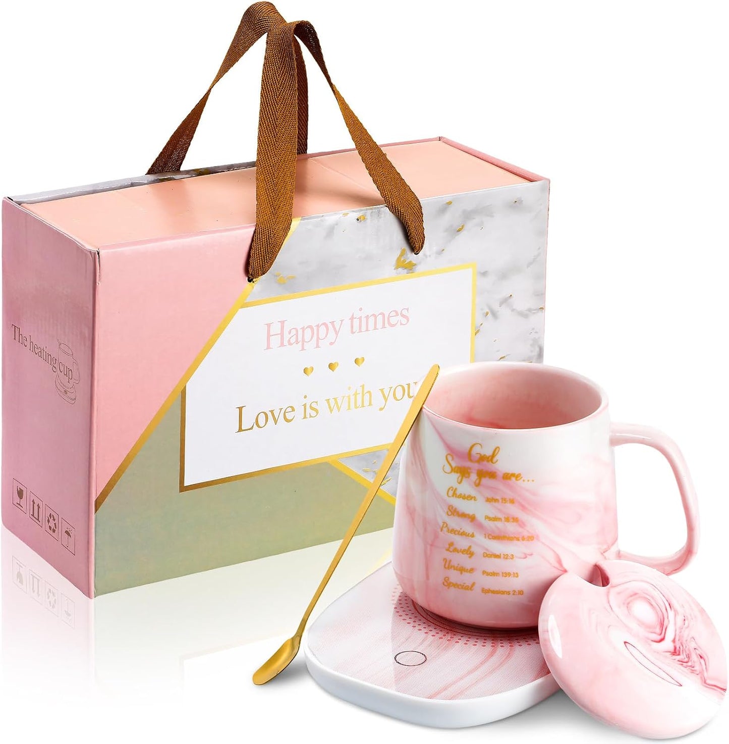Nitial Bible Verse Coffee Mug Warmer Set Christian Coffee Mug Warmer | God Say You Are, Bible Verse Coffee Mug and Mug Warmer, Christian Gifts for Women, Pink Marble Mug, Teacher Mom Coworker